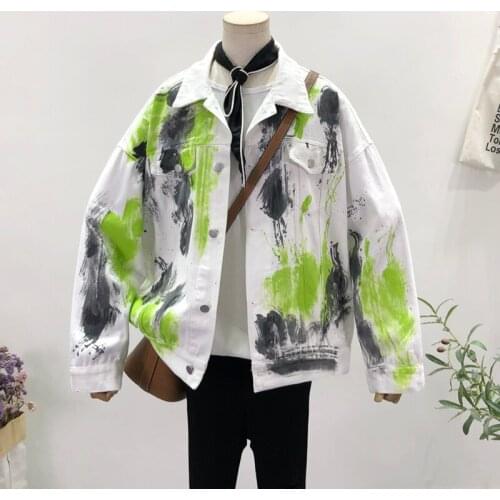 Streetwear Fashion Graffiti Print Denim Jacket Spring Autumn Loose Oversized Long sleeve Casual Jeans Jackets Female Basic Coat