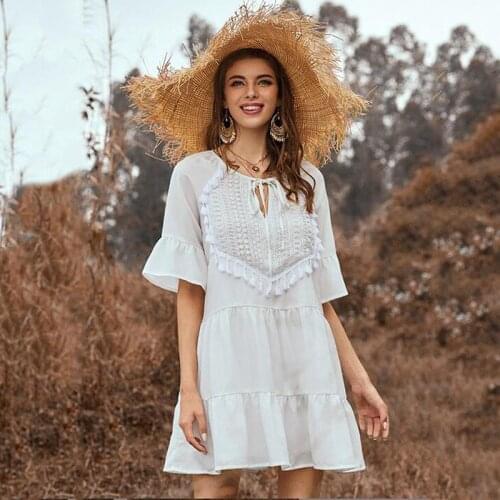 Summer Women Casual Loose Mini Dresses Ladies Ruffles Half Sleeve Shirt Party Dress New Fashion Women Tassel Dress