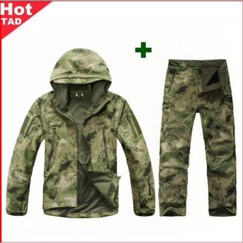 TAD Tactical Men Army Hunting Hiking Fishing Explore Clothes Suit Camouflage Shark Skin Military Waterproof Hooded Jacket+Pants