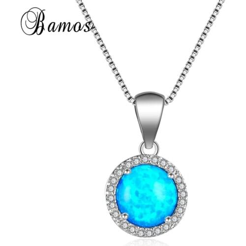 Bamos Charming Round Ocean Blue Fire Opal Pendant Necklaces For Women Top Quality Silver Color Party Gifts NL0093