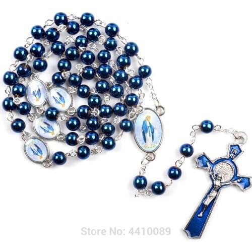 Blue Hematite Rosary Necklace Our Lady of Grace Center Connector Cross Necklace