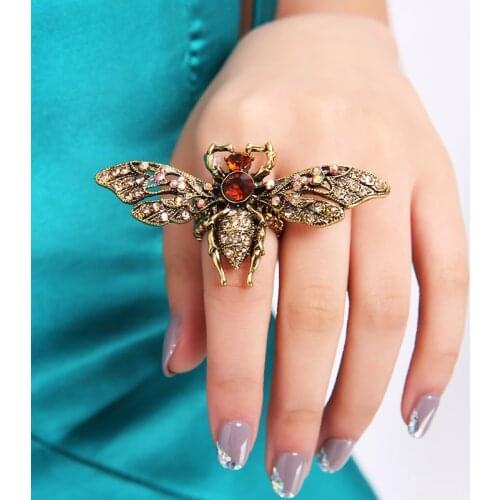 Colorful Crystal Stone Inlaid Anti Gold Color Metal Bee Rings Elastic Adjustable Finger Ring Fashion Women Party Jewelry