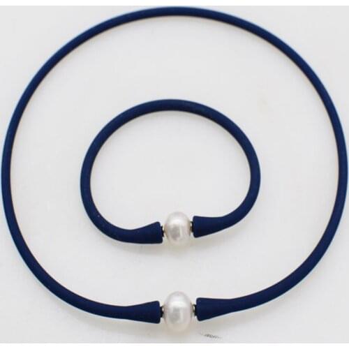 Freshwater pearl near round white 10-11mm and blue silicone necklace bracelet 40cm 19cm