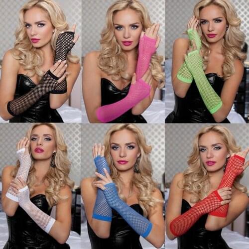 Pink Purple Green Nylon Colored Fingerless Fishnet Gloves for 80s Party Supplies and Costume Accessories (Long)