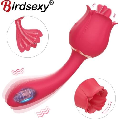Vibrator For Women Nipple Massager Clitoris Stimulation Dual Head 2 in 1 Vibrating Dildo Oral Tongue Licking Rose Shape Vibrator