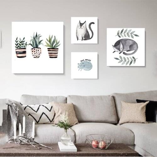 YUMEART Nursery Decor Watercolor Green Plant Prints Poster Canvas Art Painting Cute Cat Animal Wall Art Home Decorative Pictures
