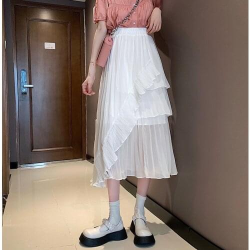 Long Skirt Female French Style White Irregular Chiffon Skirt Female Summer New Style Korean High Waist Mid-length Skirt