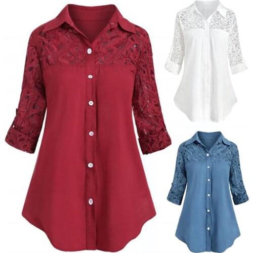 Women Casual Solid Color Turn Down Collar Lace Stitching Button-s Plus Size Shirt perfect match jeans shorts casual trousers