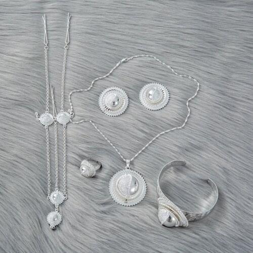 Silver African Earrings Ring Hairpin Head Chain Dubai Jewelry Sets for Women Ethiopian Eritrea Habesha Bridal Wedding Gifts