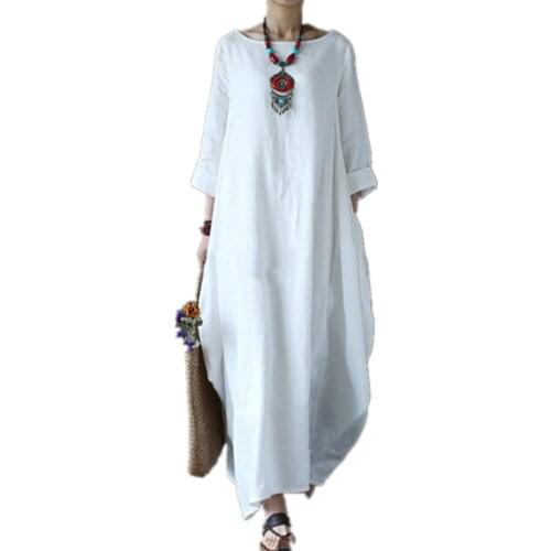 Summer Cotton Linen Dress 2021 Women Long Sleeve Solid Autumn Sundress Elegant O neck Loose Boho Vestido Robe Femme Dresses