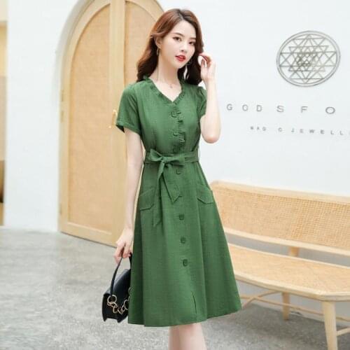Summer Short Sleeved Dress Female 2021 French Niche Plus Size Temperament Waist Was Thin Solid Color Dresses Belt Elegant Green