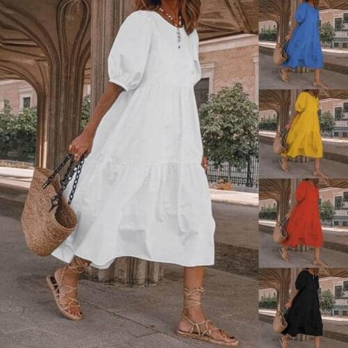 Women Dress Short Sleeve Pleated Long Dresses Fashion Bohemian Dress Solid Loose Summer Dresses Plus Size White Black New