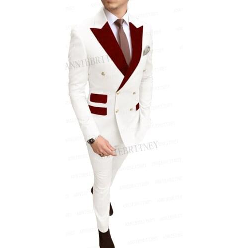 Gold Buttons Men White Suit for Wedding, Tailored Groom Best Man Tuxedo Velvet Lapel Business Wear Double Breasted Blazer Pants