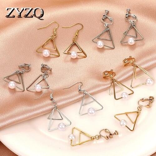ZYZQ Creative Metal Triangle Imitation Pearl Drop Earrings For Women Korean Simple Geometric Earrings Personality Jewelry