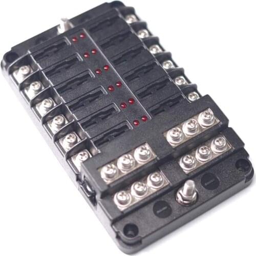 12-Way Fuse Block W/Negative ATC/ATO Fuse Box With Ground, LED Light Indicator & Protection Cover, Bolt Connect Terminal