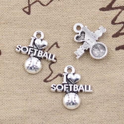 20pcs Charms I Love Softball 21x19mm Antique Silver Color Plated Pendants Making DIY Handmade Tibetan Silver Color Jewelry