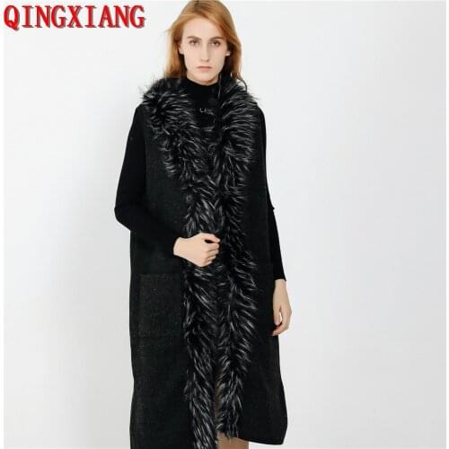 2020 Women Long Black White Fur Nack Cape Long Style Outstreet Straight Cardigan Winter Warm Thick Sleeveless Coat With Pocket