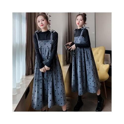 2021 Pregnant Women Clothes Set Polka Dot Corduroy Dress+Black Sweat+Slim Leggings Three Pieces Suits Loose Maternity Suits