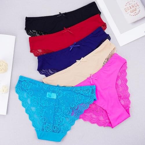 6 Pcs Lot Seamless Panties Lingerie Femme Underwear Women Sexy Briefs for Ladies Lace Solid Color with Bow Plus Size Thong