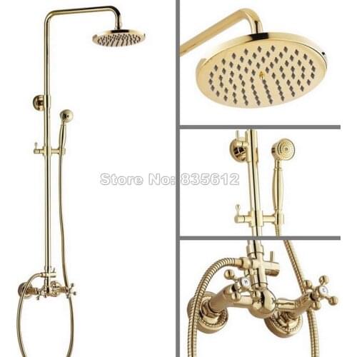 8 inch Round Shower Head Bathroom Wall Mounted Luxury Gold Color Brass Rain Shower Faucet Set + Handheld Shower Mixer Tap Wgf324