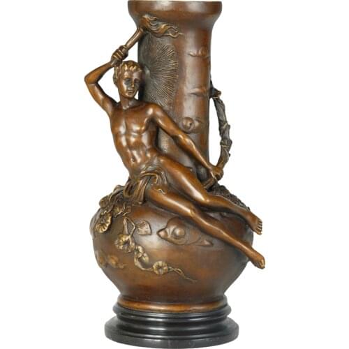 Bronze Torch Bearer Man Vase Statue Hellenistic Sculpture Art Hot Casting Brass Marble Base Vintage Home Decor
