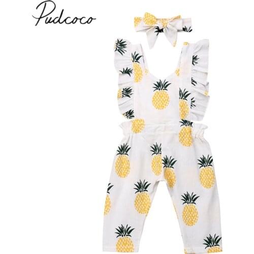 2019 Baby Summer Clothing Newborn Baby Girl Boy Pineapple Romper Ruffle Sleeve Yellow Jumpsuit Headband Holiday Outfit Set 0-24M