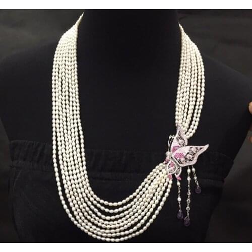 Long natural fresh water pearl necklace small pearl rice shape multi layers 925 sterling silver with cubic zircon butterfly