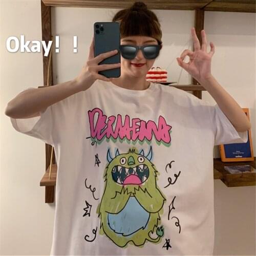 Summer Kawaii Little Monster Graphic Short-Sleeved Womans T-Shirt Korean Fashion Harajuku Clothes Egirl Oversized Top For Girls