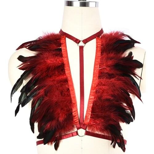 JLX.HARNESS Red Feather Cage Bra Body Harness Bra Sexy Lingerie Bondage Harness Burning Punk Goth Rave Feather Body Cage