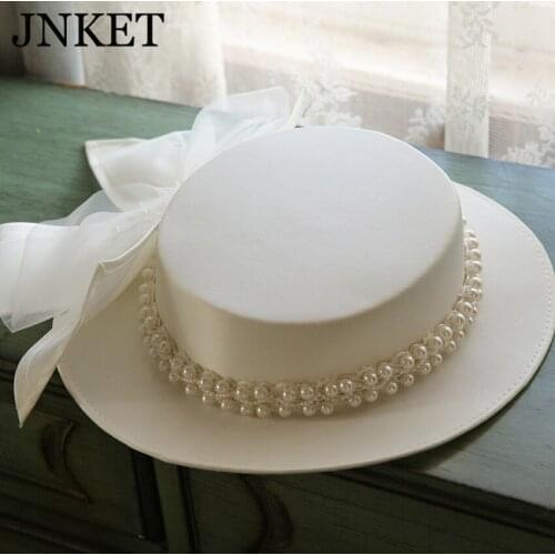 JNKET New French Elegant Pearl Top Hat Womens Travel Fashion All-match Flat Brim British Wedding Dress Hat