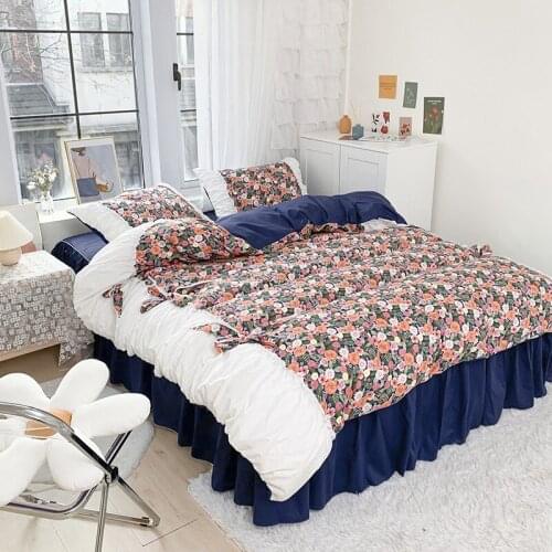 Girls Bedding Set Vintage Rose Floral printed duvet cover with Exquisite Lovely White Pleated design and Ruffle Style Bedskirt