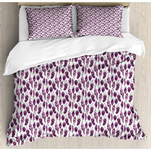 Hippie Duvet Cover Set Feathers with Geometric Motifs and Streaks 3 Piece Bedding Set Baby Pink Plum Pale Blue Pale Fuchsia