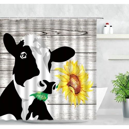 Cow Sunflower Farmhouse Shower Curtain Farm Animals Watercolor Milk Cattle Rural Vintage Old Wooden Board Barn Bathroom Curtains