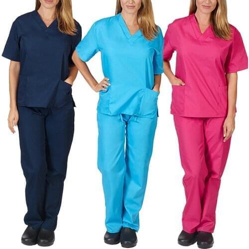 Mens Womens 2 Pce V Neck Suit Tunic Work Uniform Beauty Salon T-Shirt +Pants Size S-2XL