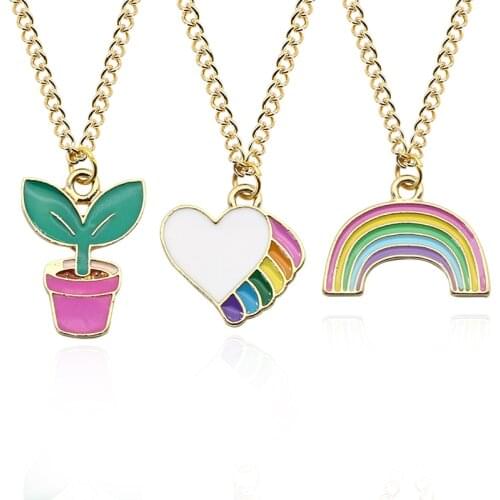 Fashion Cute Girl Cartoon Plant Necklace Enamel Colorful Potted Peach Heart Rainbow Necklace Creative Color Dripping Decoration