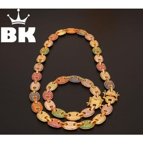 13mm Mens Micro Paved CZ Mariner Link Choker Necklace & Bracelet Set Gold Finish Cubic Zirconia Puffed Link Chain