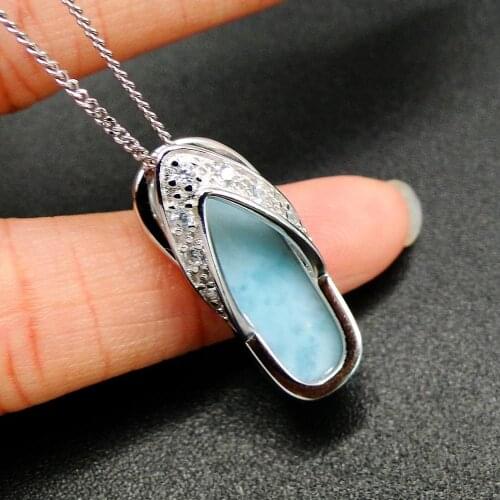 Hot Selling 925 Silver Natural Dominica Larimar Slipper Womens Pendant Necklace For Aniversary Birthday Party Gift