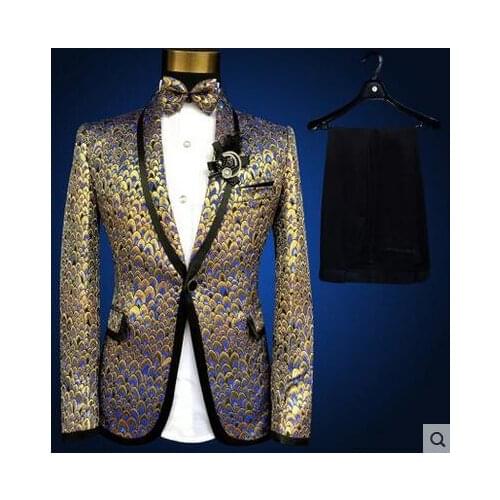 Singer pattern dance stage clothing for men suit set with pants 2020 mens wedding suits costume groom formal dress tie fashion