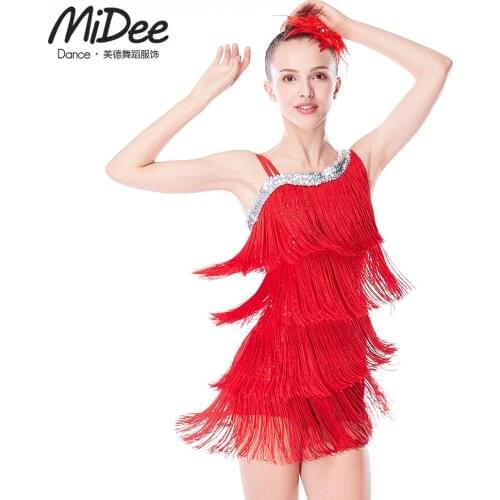 MiDee Latin Dance Dress Women Competition Adult Sequined Whole Body Tassel Skirt Leotard Kids Girls Tango Tap Stage Dance Wear