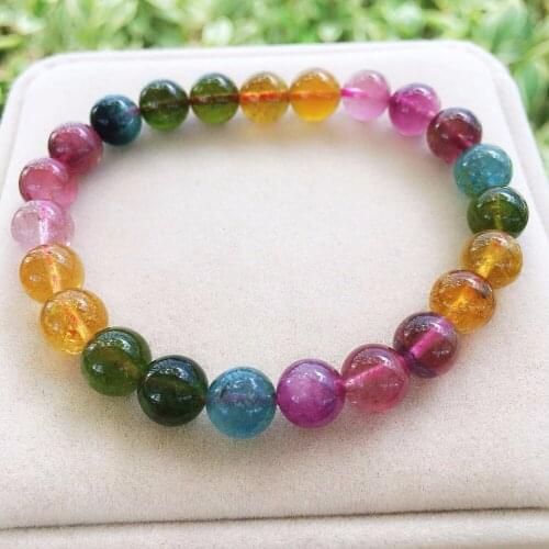 Genuine 8mm Natural Colorful Tourmaline Bracelets For Women Female Stretch Round Bead Crystal Bracelet AAAAA Certificate