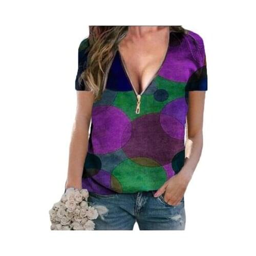 5XL Female Polka Dot Print Pullover Zipper V-neck Short-sleeved Womens Loose Contrast Color Short-sleeved Street Style Tee