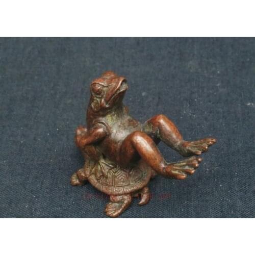 YIZHU CULTUER ART Collection Old China Bronze Carving Lovely Frog Turtle Statue Pendant Paperweight Gift