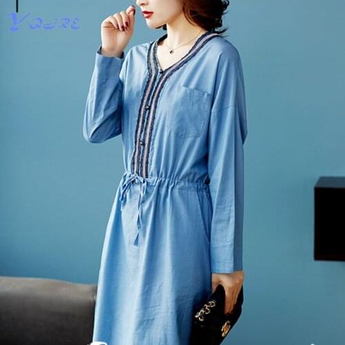 YQJRE Autumn New Style Casual Fashion Pure Cotton Tencel Denim Dress Loose V-neck Long Sleeve