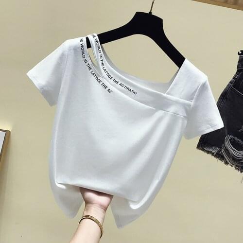 2021 summer Short Sleeves skew collar off shoulder T Shirt Top Female Tshirt Loose Women Fashion T-Shirt women white t shirts