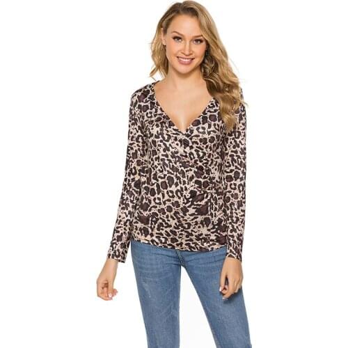 Woman Leopard Print t-shirts Lady Sexy Long Sleeve Tops For Femme Fashion Loose V-neck Camisetas Verano Mujer 2020