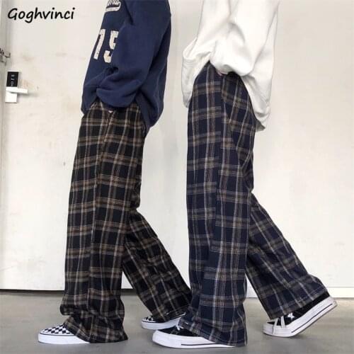 Women Casual Pants Plaid Couples Loose Wide Leg Trousers Female All-match Ins Chic Thicken Korean Style Elastic Waist Streetwear