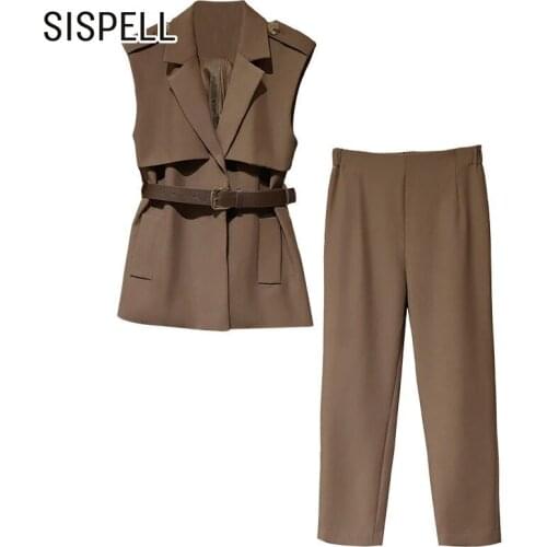 SISPELL Casual Two Piece Sets For Female Lapel Collar Sleeveless With Girdle Vest Coat With High Waist Pant Womens Casual Suits