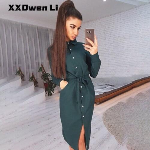Women Autumn Casual Button Shirt Midi Dress Fashion Slim Long Sleeve Belt Dresses 2021 Elegant Office Lady Pure Color Long Dress
