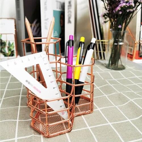 Gold Pen Pencil Pot Holder Container Organizer Pencil Cup Stationery Pen Holder Wire Metal 3 in 1 Desk Organizer Pencil Holder