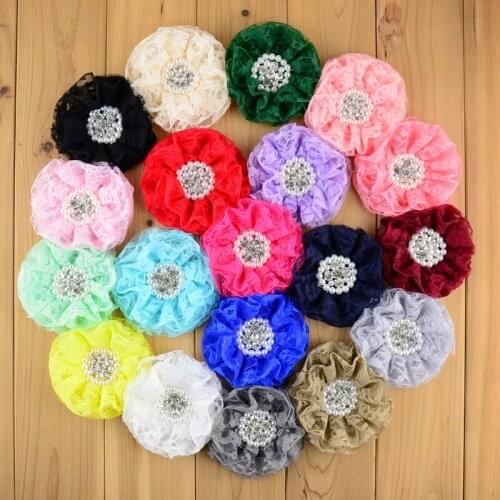 50pcs/lot 9cm Beautiful Ruffled Lace Flower with Rhinestone and Artificial Pearl for Headband & Girls Dress TH201